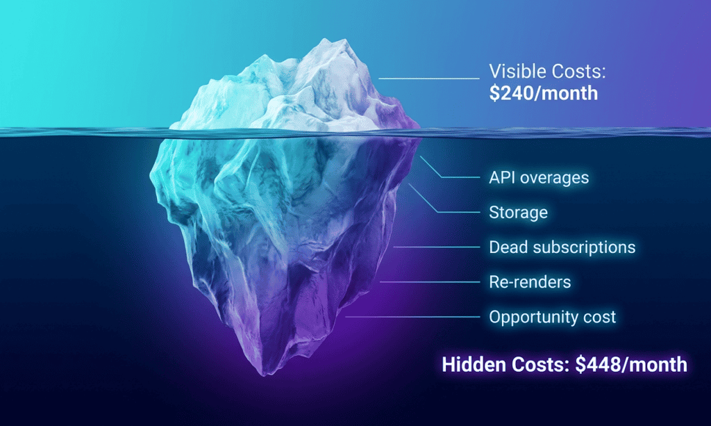 hidden cost of AI content creation iceberg infographic visible versus hidden subscription fees