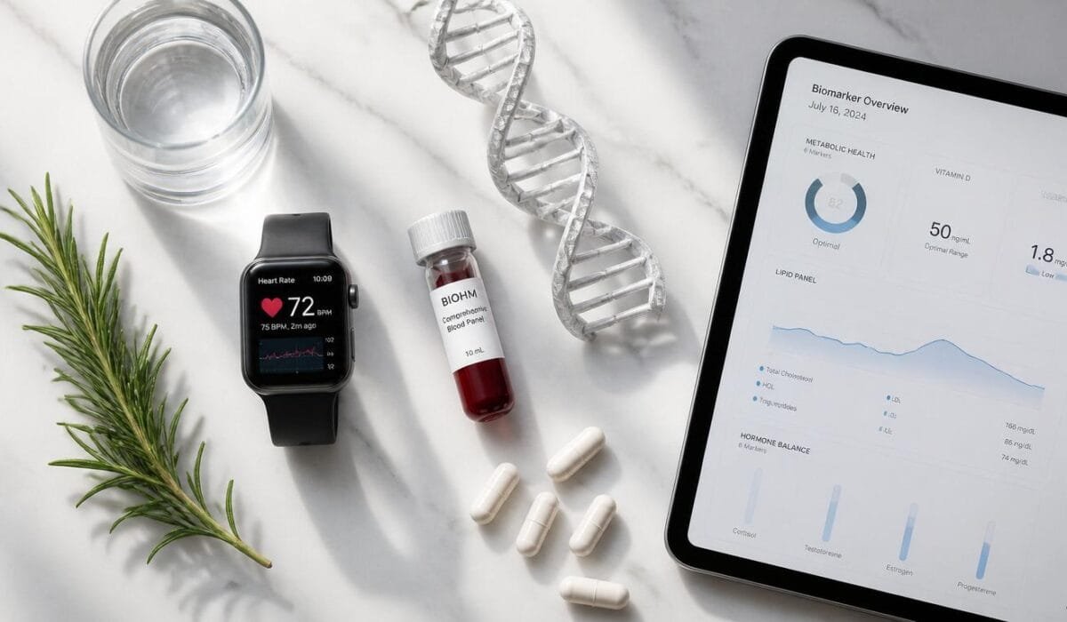 AI longevity clinics 2026 concept showing smartwatch health data, blood biomarker vial, DNA model, and supplements representing personalized AI-driven anti-aging protocols and biomarker analysis