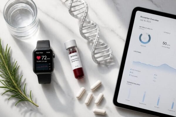 AI longevity clinics 2026 concept showing smartwatch health data, blood biomarker vial, DNA model, and supplements representing personalized AI-driven anti-aging protocols and biomarker analysis