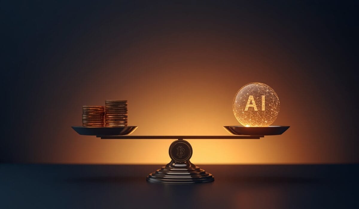 AI pricing 2026 breakdown concept showing balance scales weighing glowing coins against an AI neural network, symbolizing the cost versus capability decision across AI providers