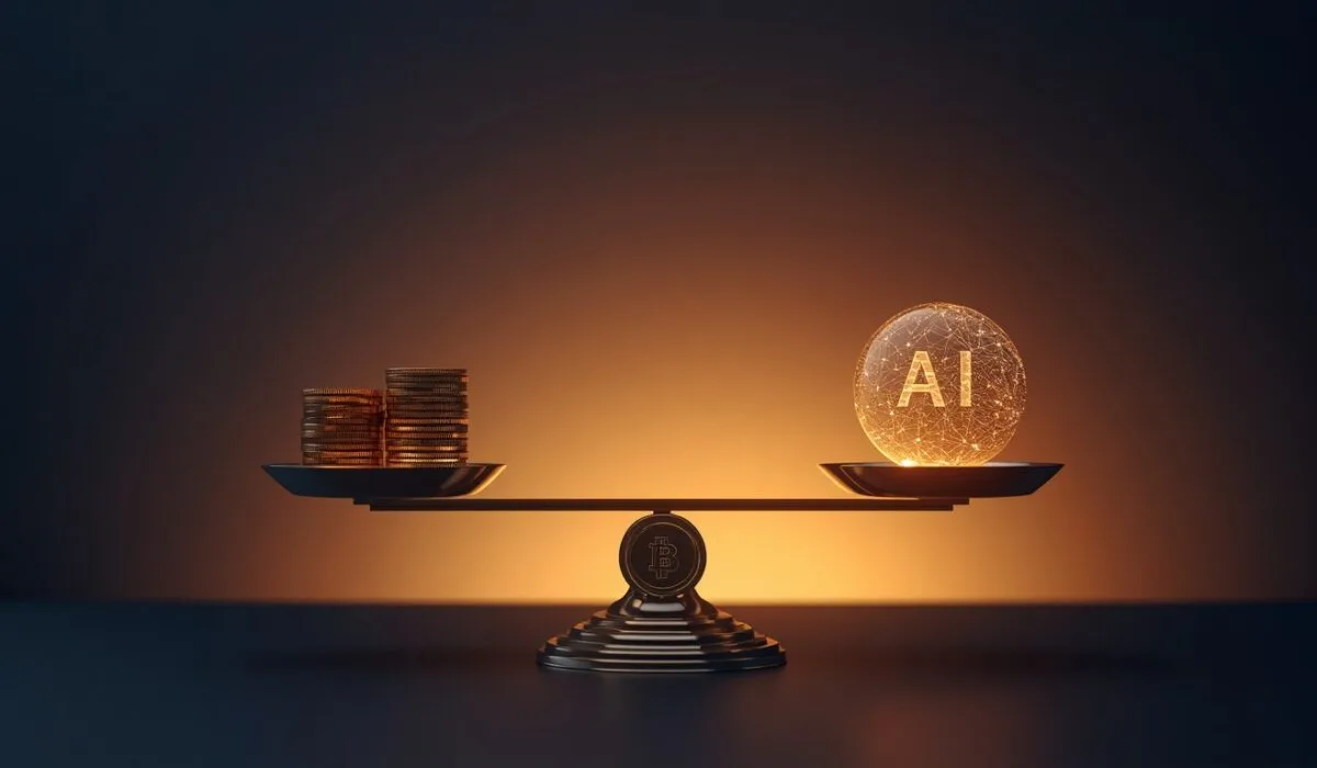 AI pricing 2026 breakdown concept showing balance scales weighing glowing coins against an AI neural network, symbolizing the cost versus capability decision across AI providers