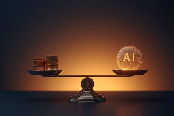 AI pricing 2026 breakdown concept showing balance scales weighing glowing coins against an AI neural network, symbolizing the cost versus capability decision across AI providers