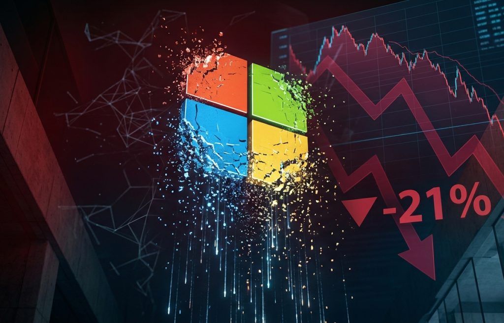Microsoft logo fragmenting into digital particles with stock market charts showing 21% decline, representing the AI reckoning 2026 market correction