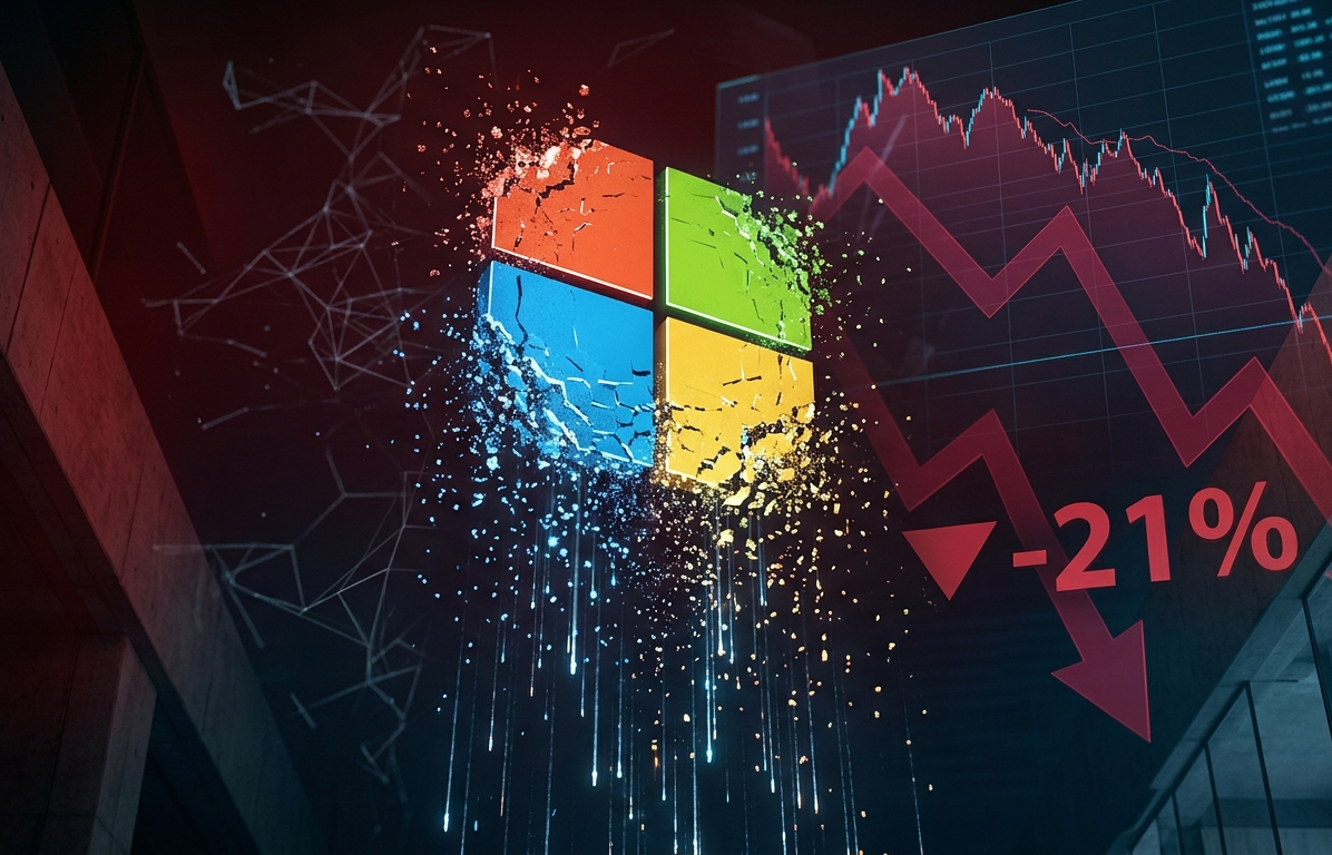Microsoft logo fragmenting into digital particles with stock market charts showing 21% decline, representing the AI reckoning 2026 market correction