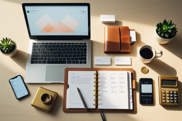 AI tools small business owner 2026 workspace featuring laptop, planner, and business essentials representing the 10 essential AI tools for small business owners in 2026