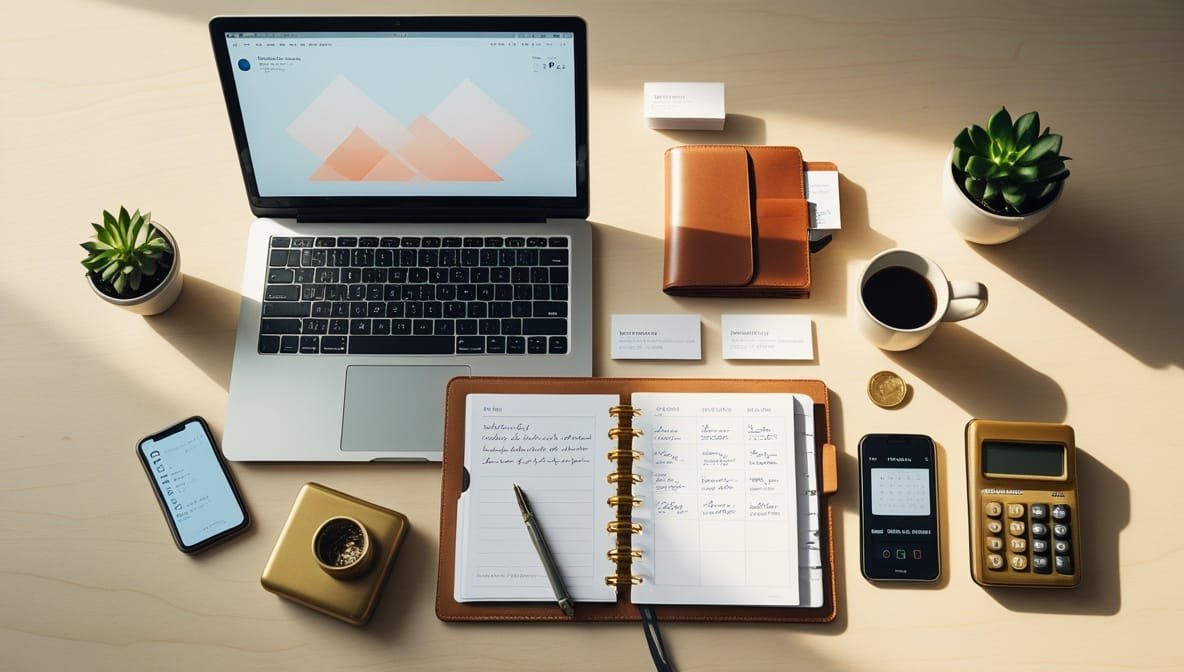 AI tools small business owner 2026 workspace featuring laptop, planner, and business essentials representing the 10 essential AI tools for small business owners in 2026