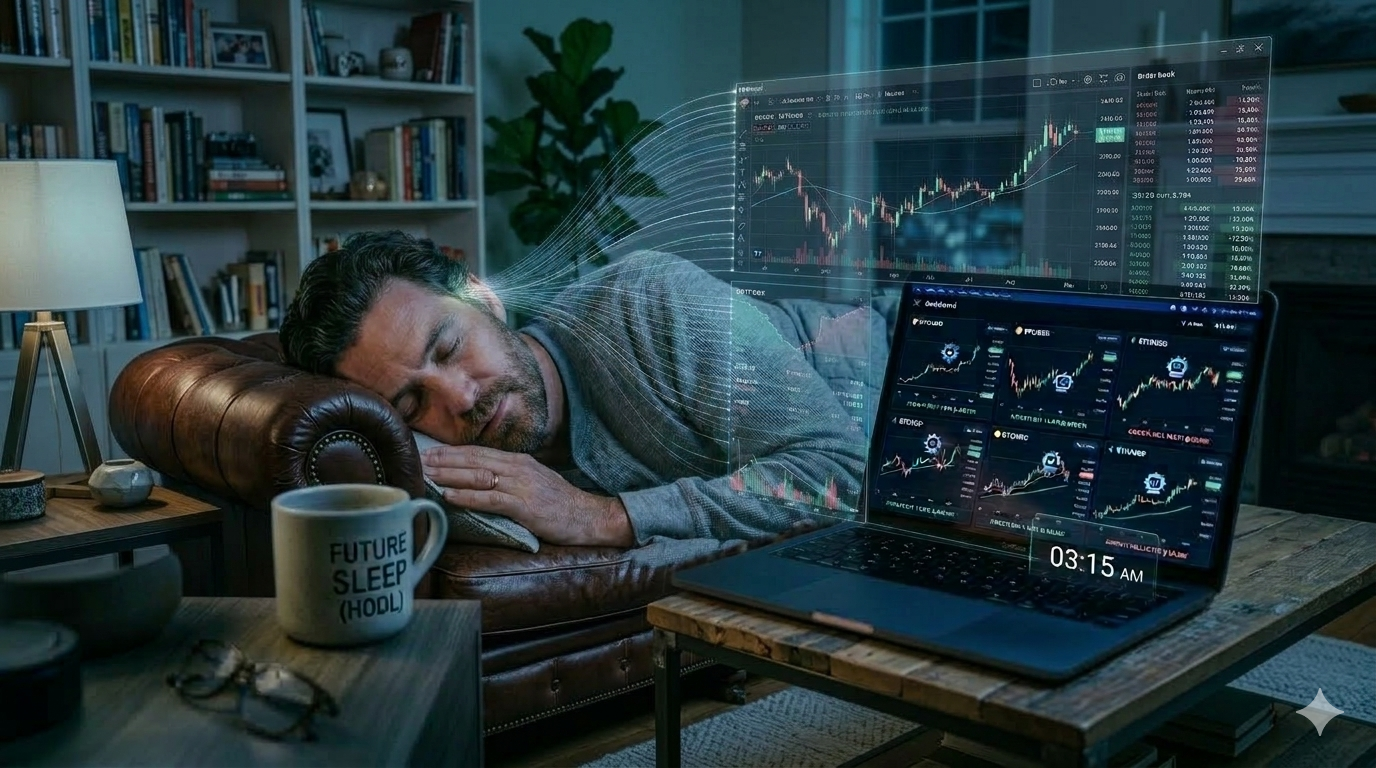AI crypto agents 2026 trading cryptocurrency automatically while person sleeps peacefully