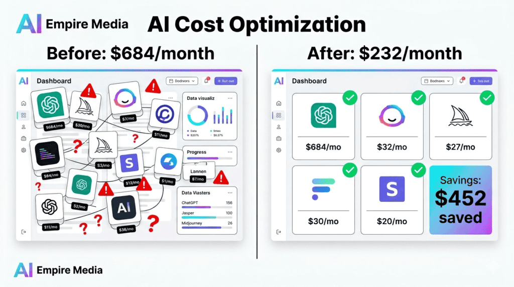 reduce AI costs for small business before after dashboard comparison infographic savings
