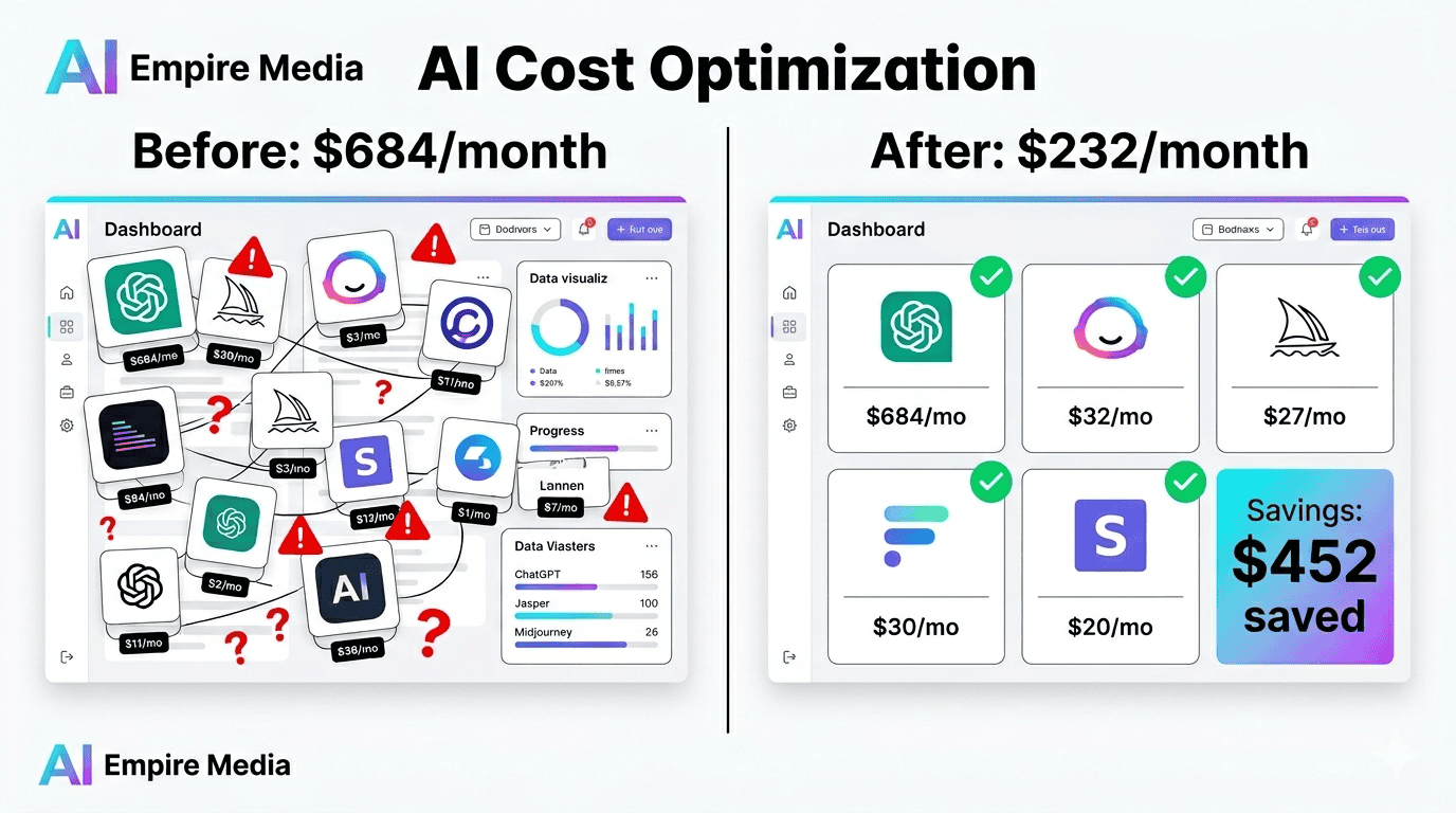 reduce AI costs for small business before after dashboard comparison infographic savings