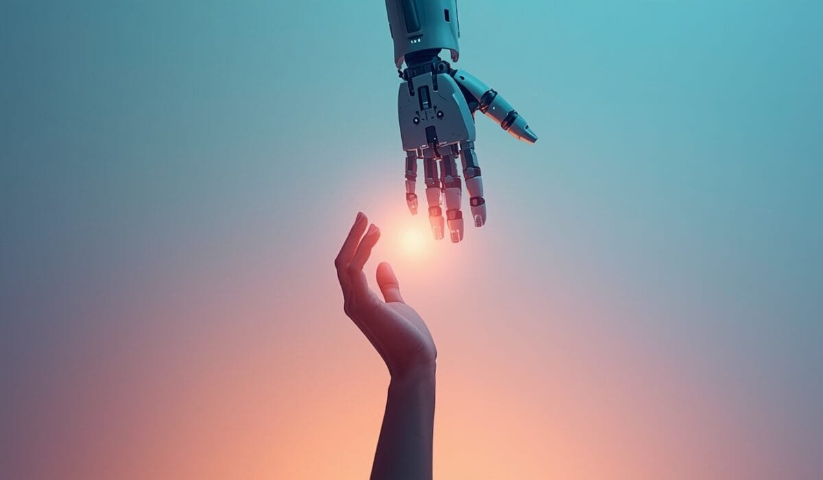 AI hiring humans 2026 concept showing a robotic hand and human hand meeting in a handshake, symbolizing autonomous AI agents employing human workers for physical-world tasks