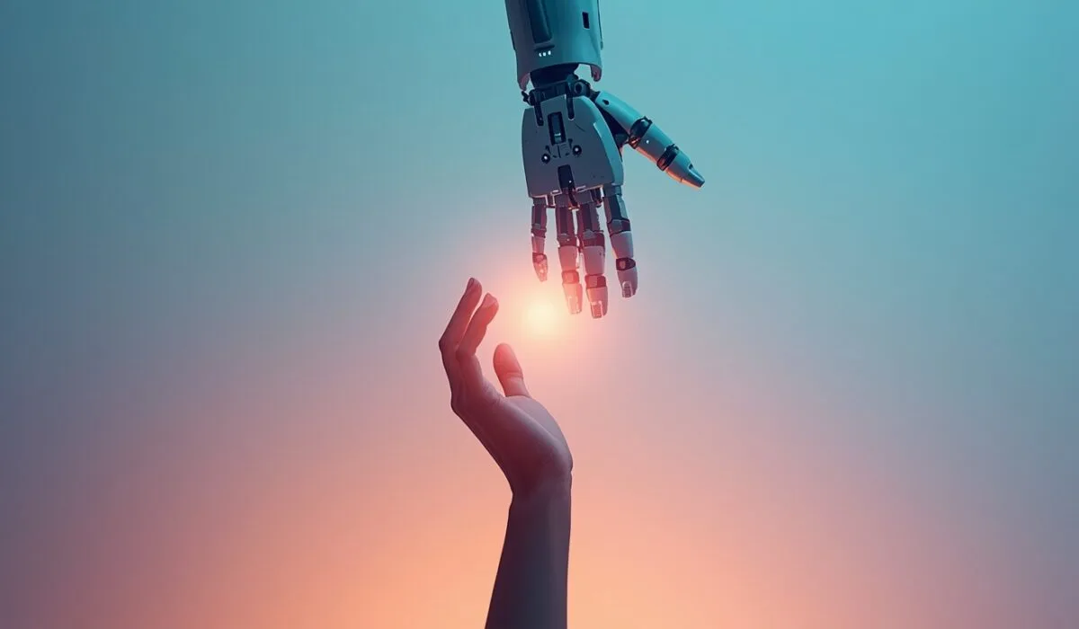 AI hiring humans 2026 concept showing a robotic hand and human hand meeting in a handshake, symbolizing autonomous AI agents employing human workers for physical-world tasks