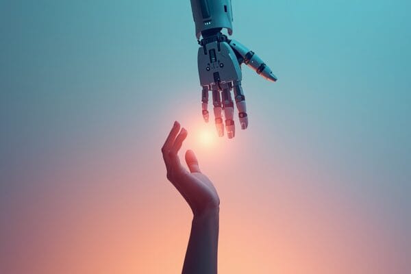 AI hiring humans 2026 concept showing a robotic hand and human hand meeting in a handshake, symbolizing autonomous AI agents employing human workers for physical-world tasks