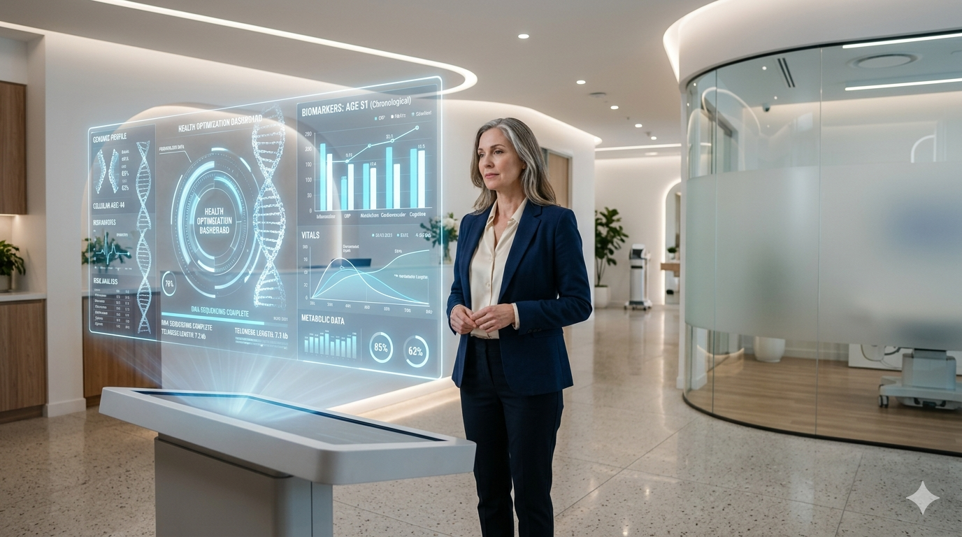 AI longevity clinic holographic health dashboard biomarker tracking