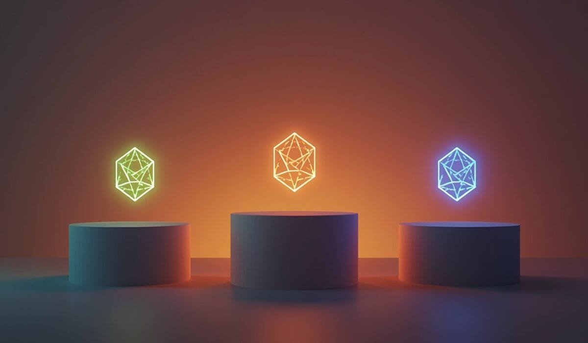 AI pricing comparison 2026 concept showing three glowing pedestals with abstract emblems and price tags, symbolizing the side-by-side comparison of ChatGPT, Claude, and Google AI Pro subscriptions