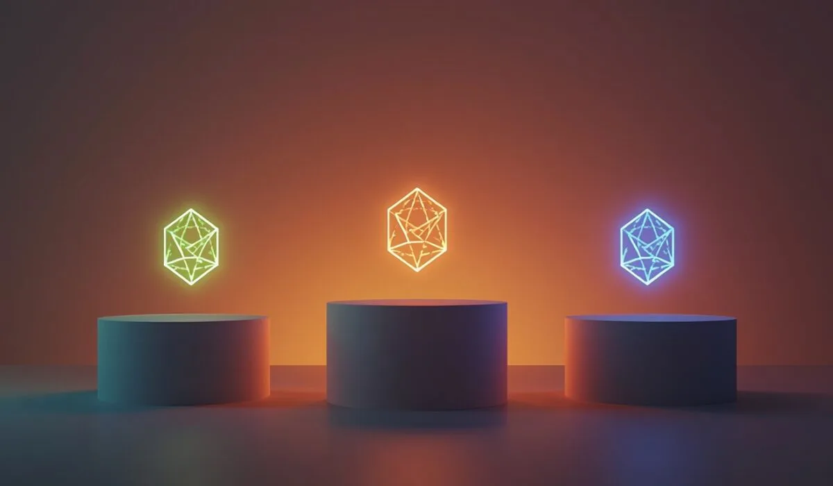 AI pricing comparison 2026 concept showing three glowing pedestals with abstract emblems and price tags, symbolizing the side-by-side comparison of ChatGPT, Claude, and Google AI Pro subscriptions