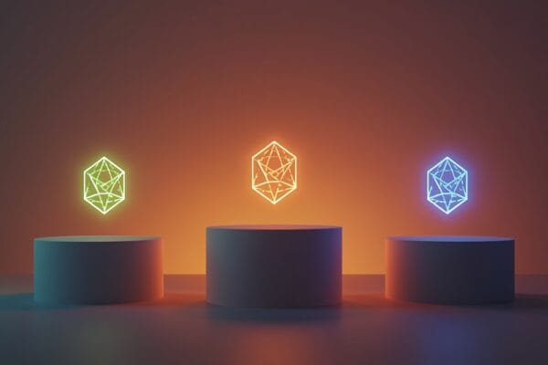 AI pricing comparison 2026 concept showing three glowing pedestals with abstract emblems and price tags, symbolizing the side-by-side comparison of ChatGPT, Claude, and Google AI Pro subscriptions