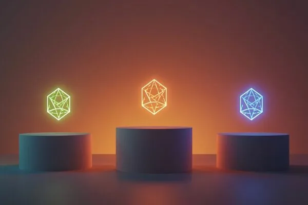 AI pricing comparison 2026 concept showing three glowing pedestals with abstract emblems and price tags, symbolizing the side-by-side comparison of ChatGPT, Claude, and Google AI Pro subscriptions