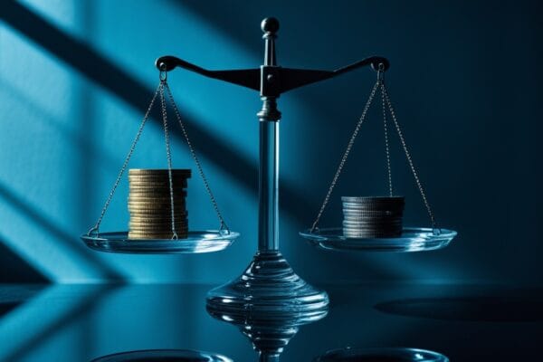 AI spending 2026 concept showing a balance scale weighing microchips against coins, symbolizing the debate over whether Microsoft's heavy AI infrastructure investment will pay off