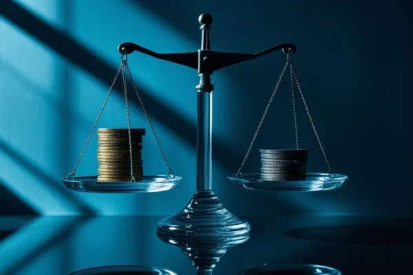 AI spending 2026 concept showing a balance scale weighing microchips against coins, symbolizing the debate over whether Microsoft's heavy AI infrastructure investment will pay off