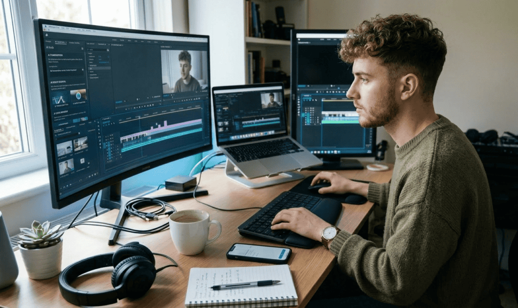 best AI tools for video editing 2026 content creator workspace laptop
