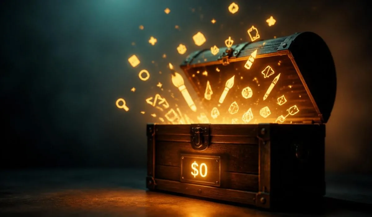 Best free AI tools 2026 concept showing a treasure chest overflowing with glowing tool and app symbols and a $0 tag, symbolizing valuable AI tools available completely free