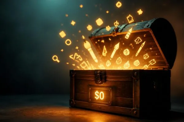 Best free AI tools 2026 concept showing a treasure chest overflowing with glowing tool and app symbols and a $0 tag, symbolizing valuable AI tools available completely free