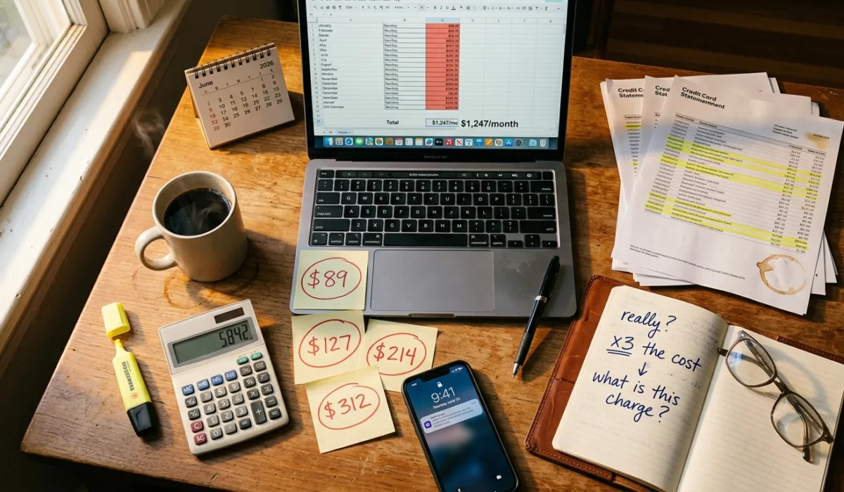 Hidden cost of AI 2026 desk audit showing $1,247 monthly AI subscriptions with highlighted credit card statements and shocked handwritten annotations