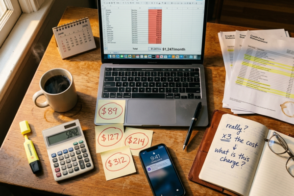 Hidden cost of AI 2026 desk audit showing $1,247 monthly AI subscriptions with highlighted credit card statements and shocked handwritten annotations