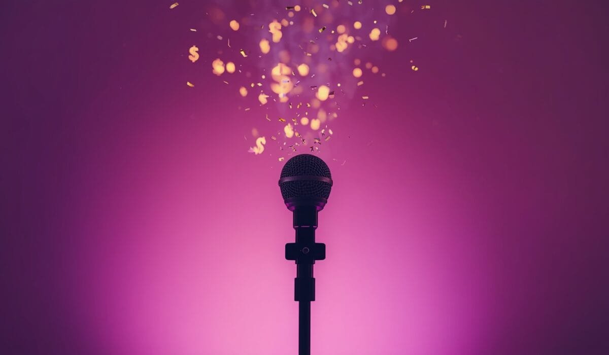 Hidden cost of AI content creation 2026 concept showing a creator microphone with glowing dollar signs evaporating into the air, symbolizing subscription costs quietly draining creator budgets