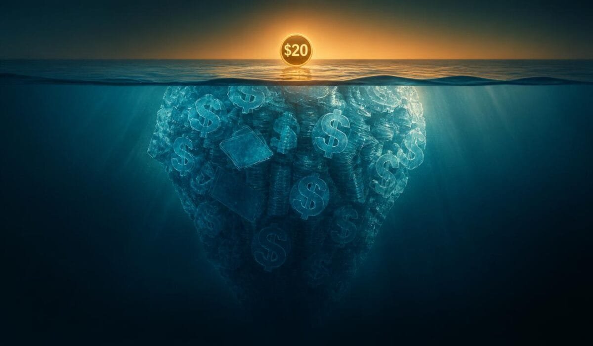 Hidden cost of ChatGPT 2026 concept showing a small visible price above water and a massive submerged iceberg of dollar signs below, symbolizing the true cost hidden beneath the $20 subscription