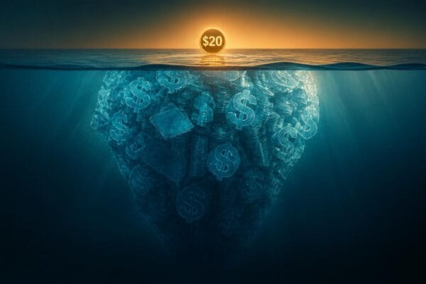 Hidden cost of ChatGPT 2026 concept showing a small visible price above water and a massive submerged iceberg of dollar signs below, symbolizing the true cost hidden beneath the $20 subscription