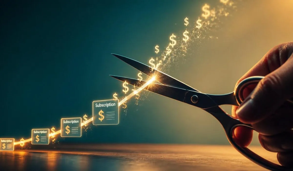 Reduce AI costs for small business 2026 concept showing scissors cutting through a rising cost graph of subscription cards, symbolizing trimming AI spending while keeping essential tools