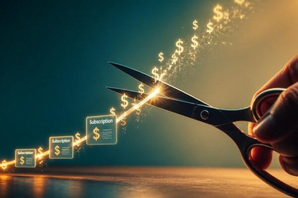 Reduce AI costs for small business 2026 concept showing scissors cutting through a rising cost graph of subscription cards, symbolizing trimming AI spending while keeping essential tools