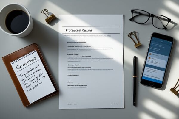 AI layoffs 2026 career transition workspace showing resume, notebook, and analysis materials representing white-collar workers evaluating job security amid AI automation pressures