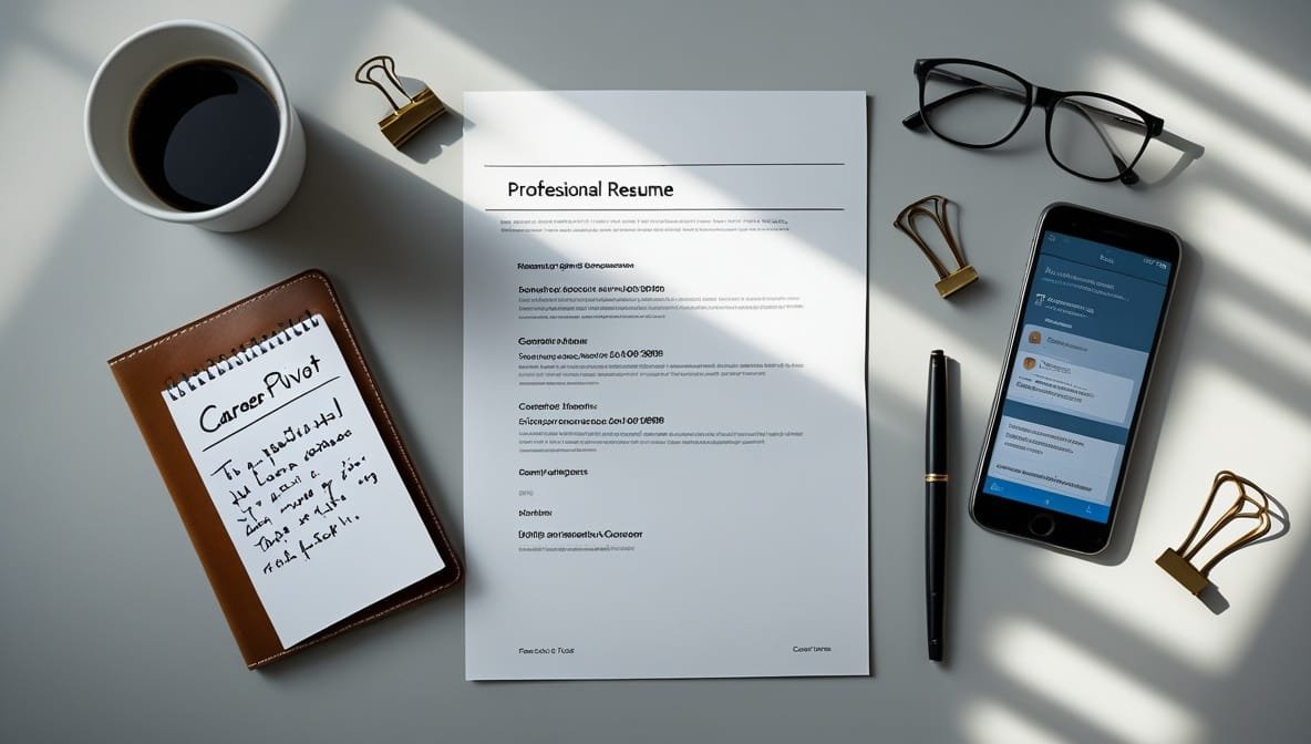 AI layoffs 2026 career transition workspace showing resume, notebook, and analysis materials representing white-collar workers evaluating job security amid AI automation pressures