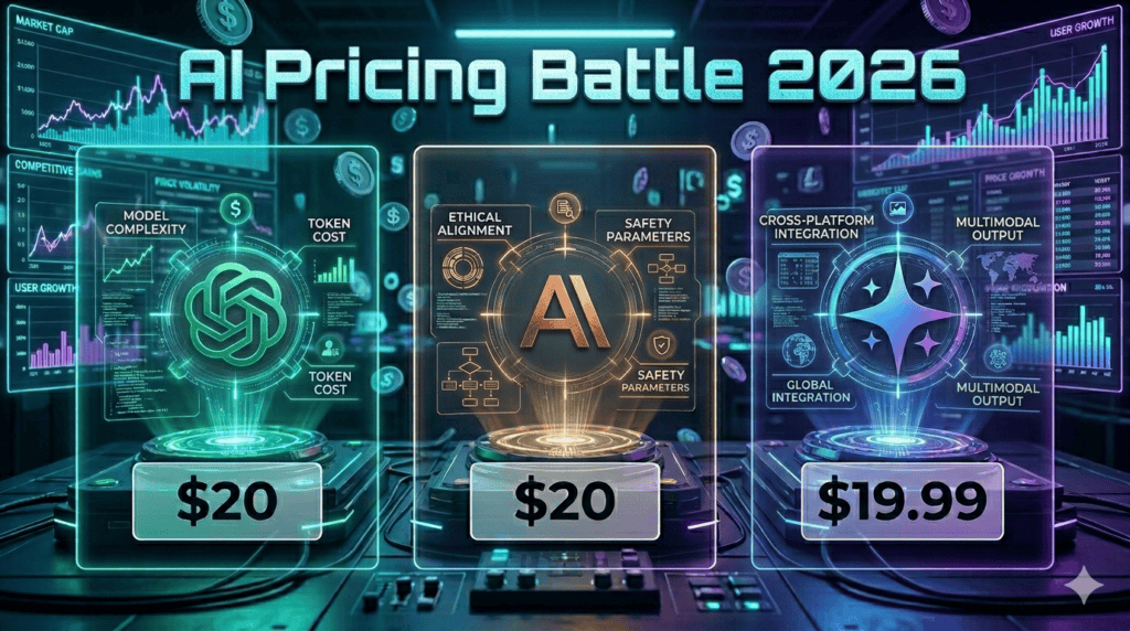 AI pricing comparison 2026 showing ChatGPT vs Claude vs Gemini cost breakdown with holographic displays and price tags