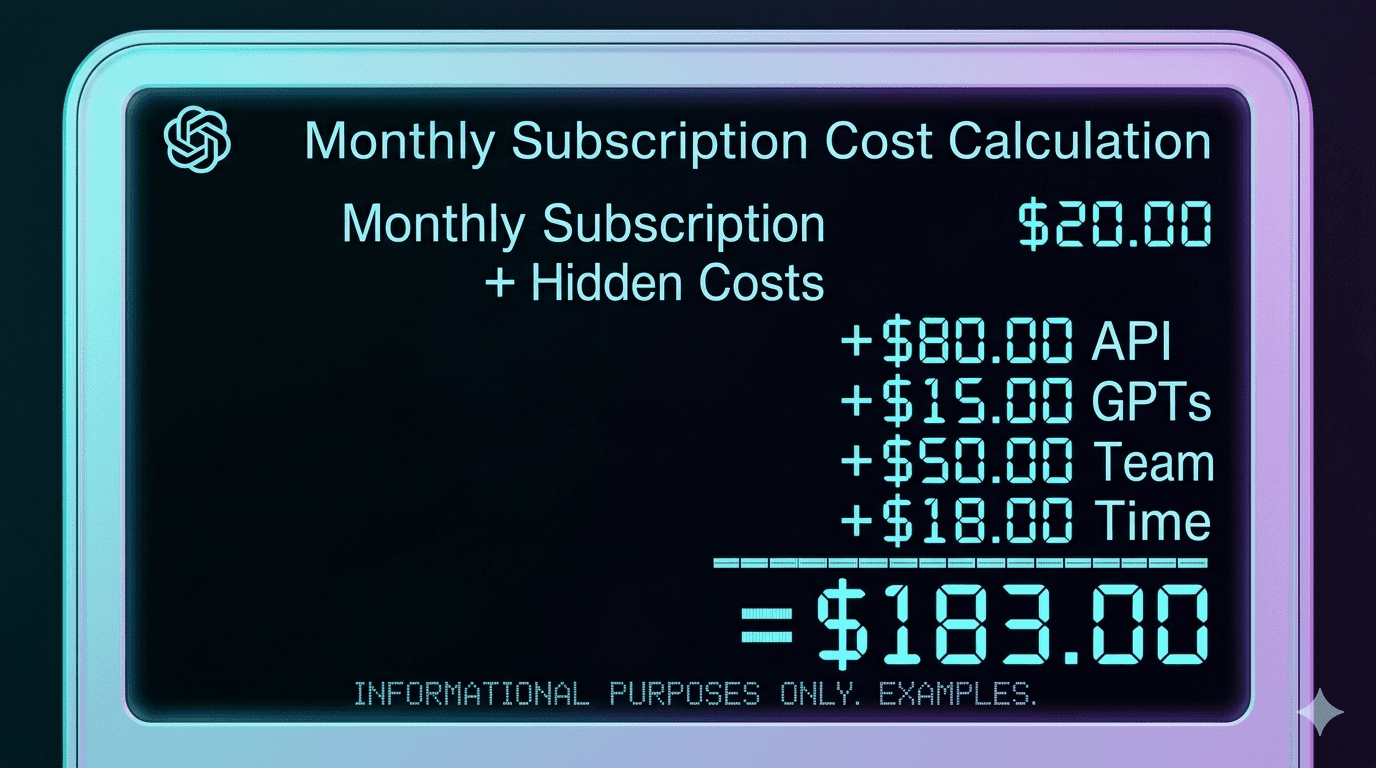 hidden cost of ChatGPT calculator showing $20 subscription plus $163 hidden costs equals $183 monthly