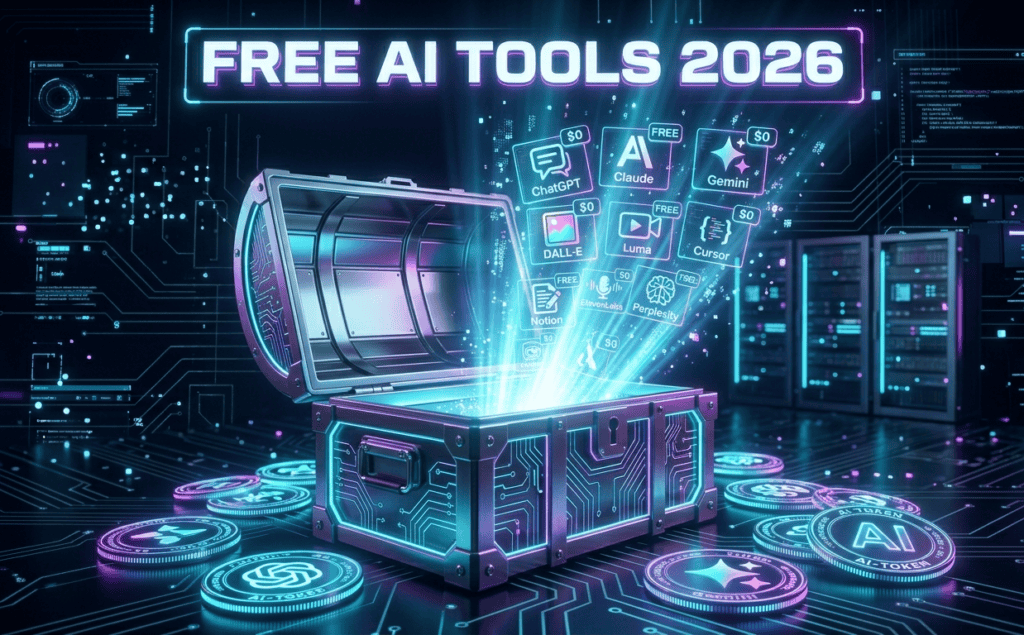 Free AI tools 2026 treasure chest overflowing with glowing AI icons including ChatGPT, Claude, Gemini with $0 price tags and no credit card required