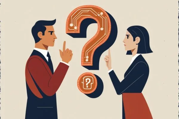 Nvidia AGI debate concept illustration showing two figures debating across a contested question mark, representing the disagreement over whether AGI has truly been achieved in 2026