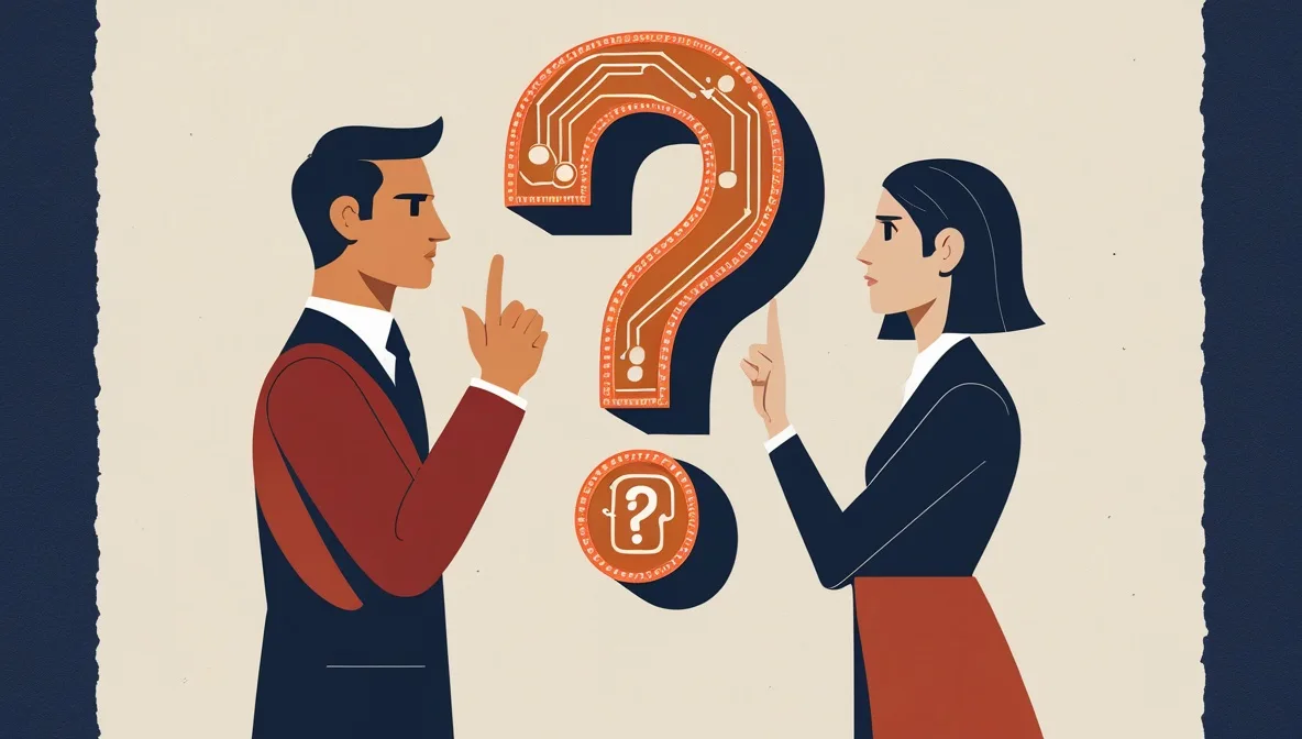 Nvidia AGI debate concept illustration showing two figures debating across a contested question mark, representing the disagreement over whether AGI has truly been achieved in 2026