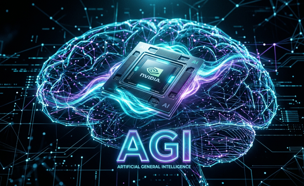 Nvidia AGI concept - futuristic GPU chip with neural network representing artificial general intelligence achieved in 2026