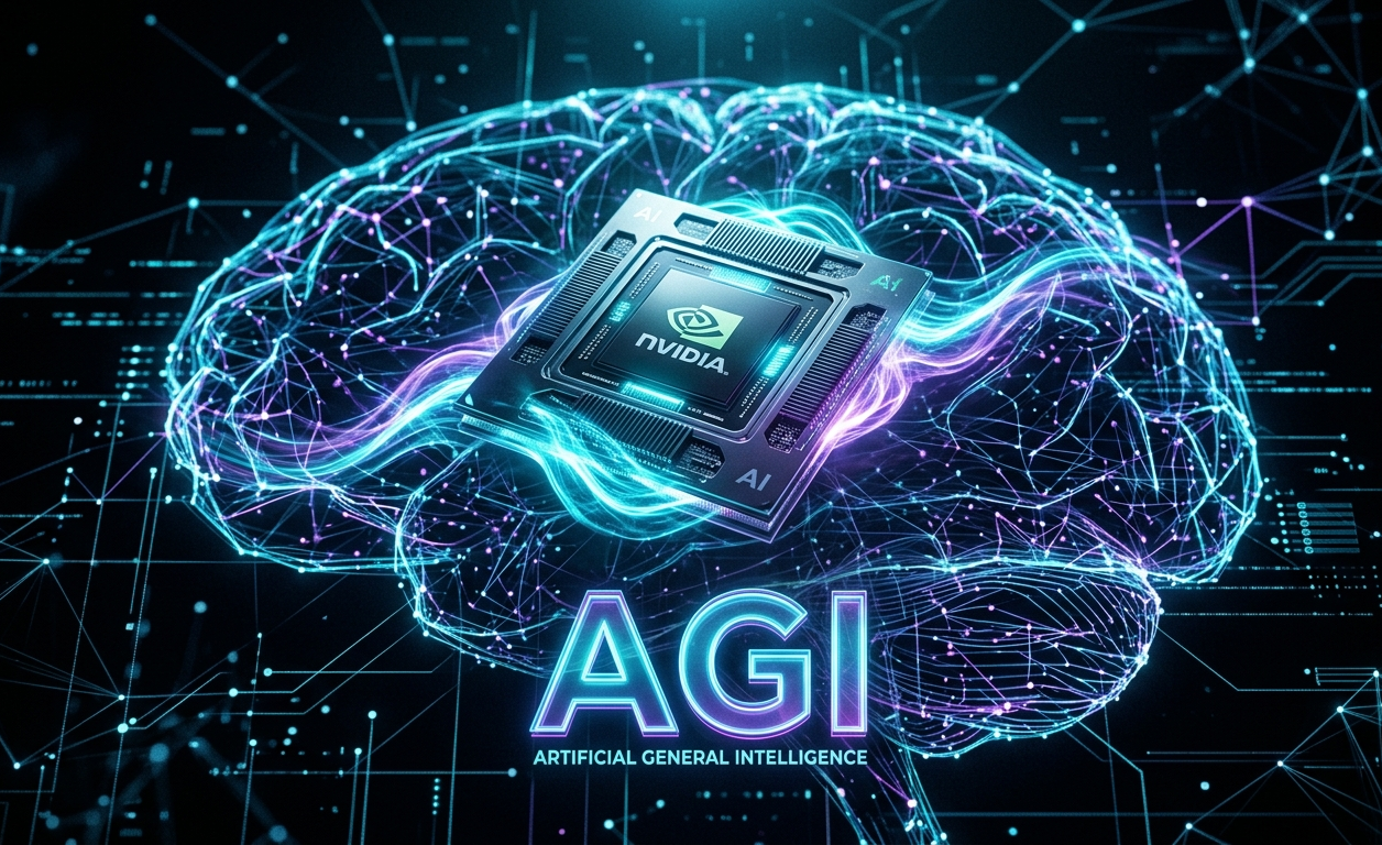 Nvidia AGI concept - futuristic GPU chip with neural network representing artificial general intelligence achieved in 2026