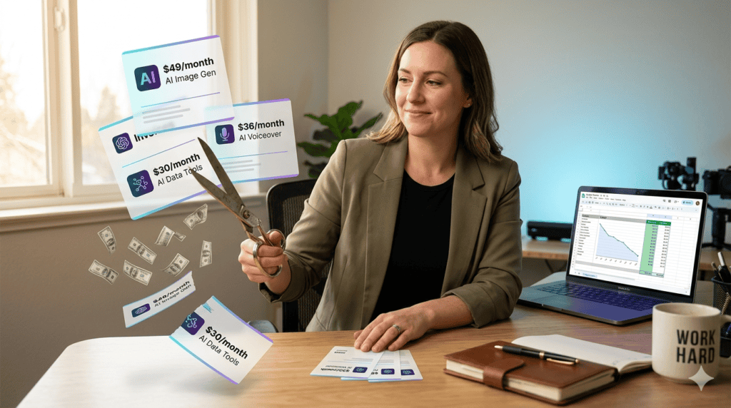 reduce AI costs for small business owner cutting subscription invoices saving money