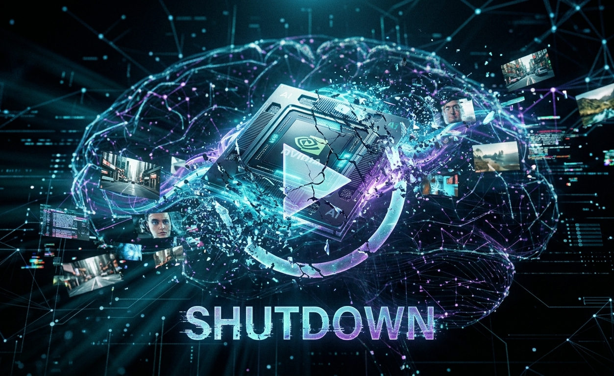 Sora AI shutdown visualization - broken video play button representing OpenAI's discontinued AI video generator platform in 2026