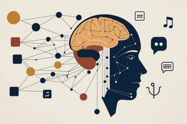 What is AI 2026 concept illustration showing a human profile with a neural network transforming into icons for chat, images, music, and code, representing how AI generates different types of content