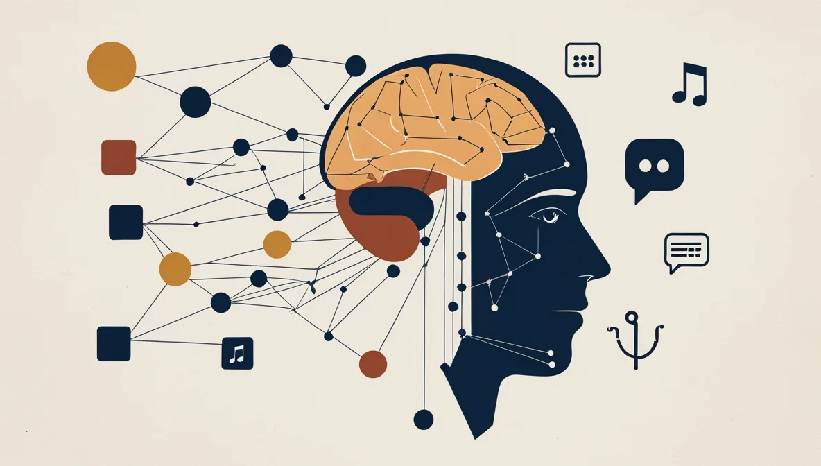 What is AI 2026 concept illustration showing a human profile with a neural network transforming into icons for chat, images, music, and code, representing how AI generates different types of content
