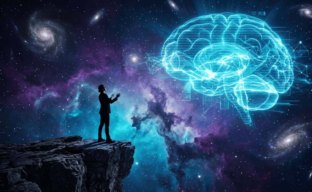 what is AI 2026 human discovering artificial intelligence cosmic brain holographic display wonder beginner guide