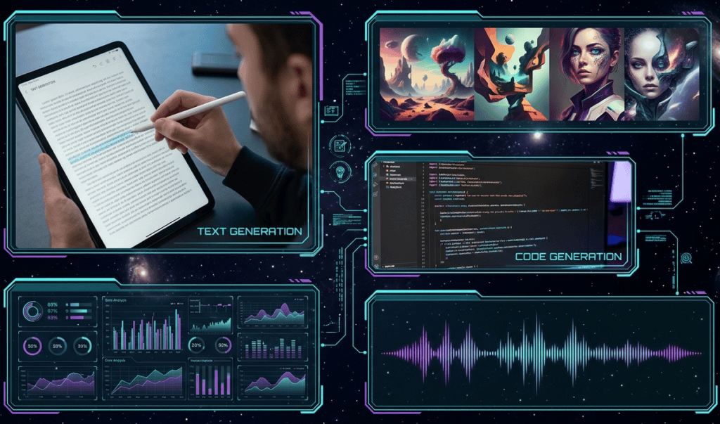 what is AI 2026 capabilities dashboard showing text generation code generation image creation data analysis voice AI tools interface