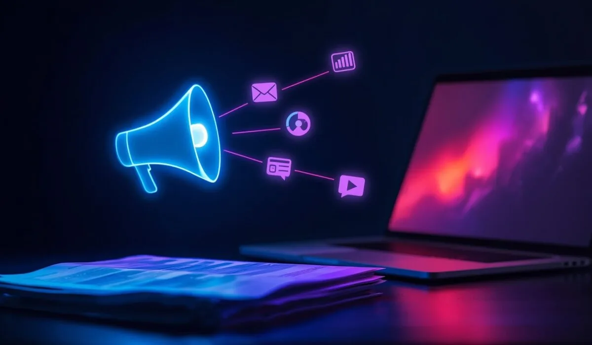 AI marketing automation 2026 broadcast hub connecting email, analytics, audience, chat, and video channels with printed materials and digital tools