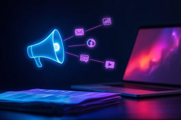 AI marketing automation 2026 broadcast hub connecting email, analytics, audience, chat, and video channels with printed materials and digital tools